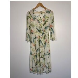 Tropical Ivy Rose Women L Sheer Midi Wrap Dress White Floral High-Low 3/4 Sleeve
